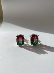 Watermelon Tourmaline Stud Earrings • 9×7mm Oval • Pink-Green Gemstone Studs