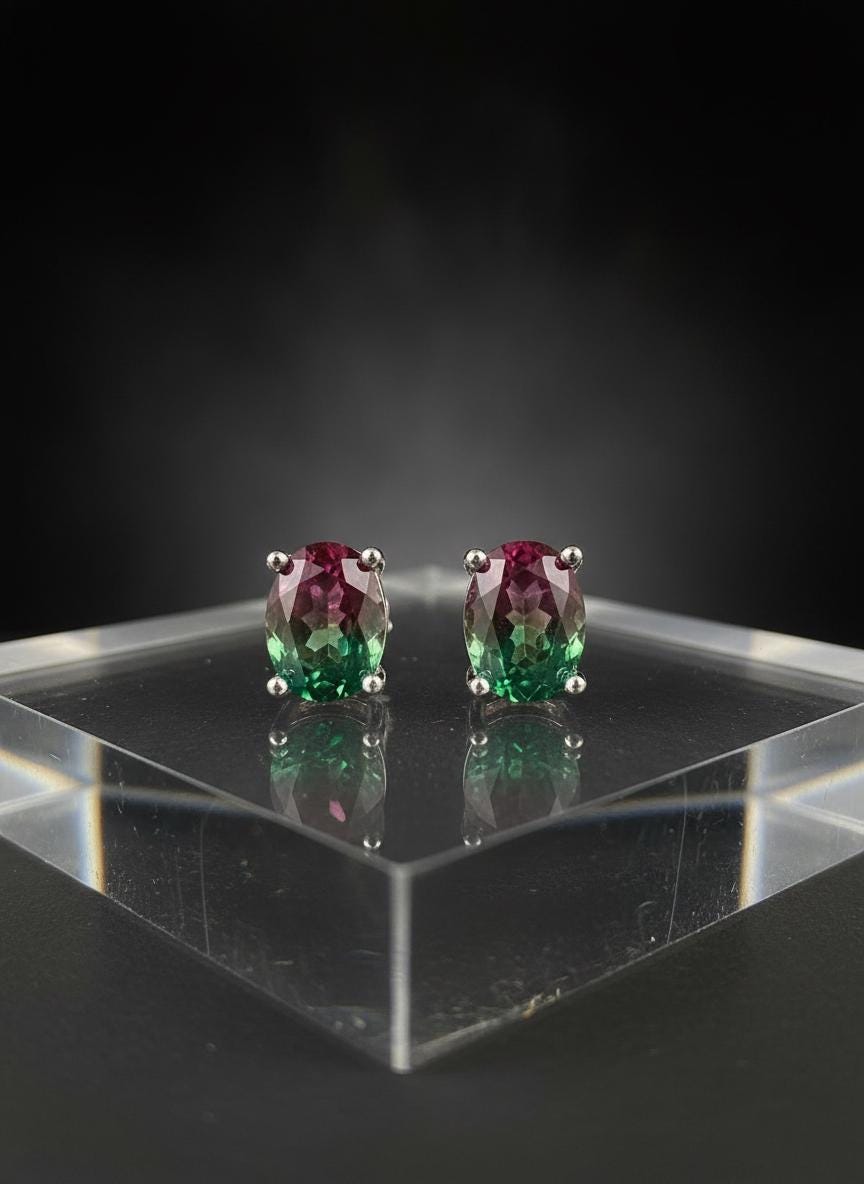Watermelon Tourmaline Stud Earrings • 9×7mm Oval • Pink-Green Gemstone Studs