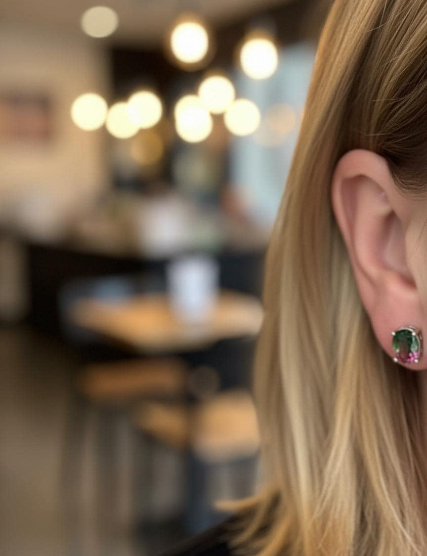 Watermelon Tourmaline Stud Earrings • 9×7mm Oval • Pink-Green Gemstone Studs