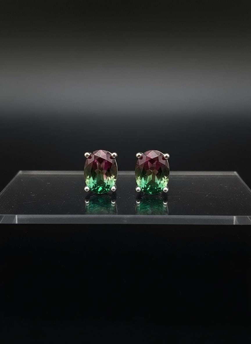 Watermelon Tourmaline Stud Earrings • 9×7mm Oval • Pink-Green Gemstone Studs