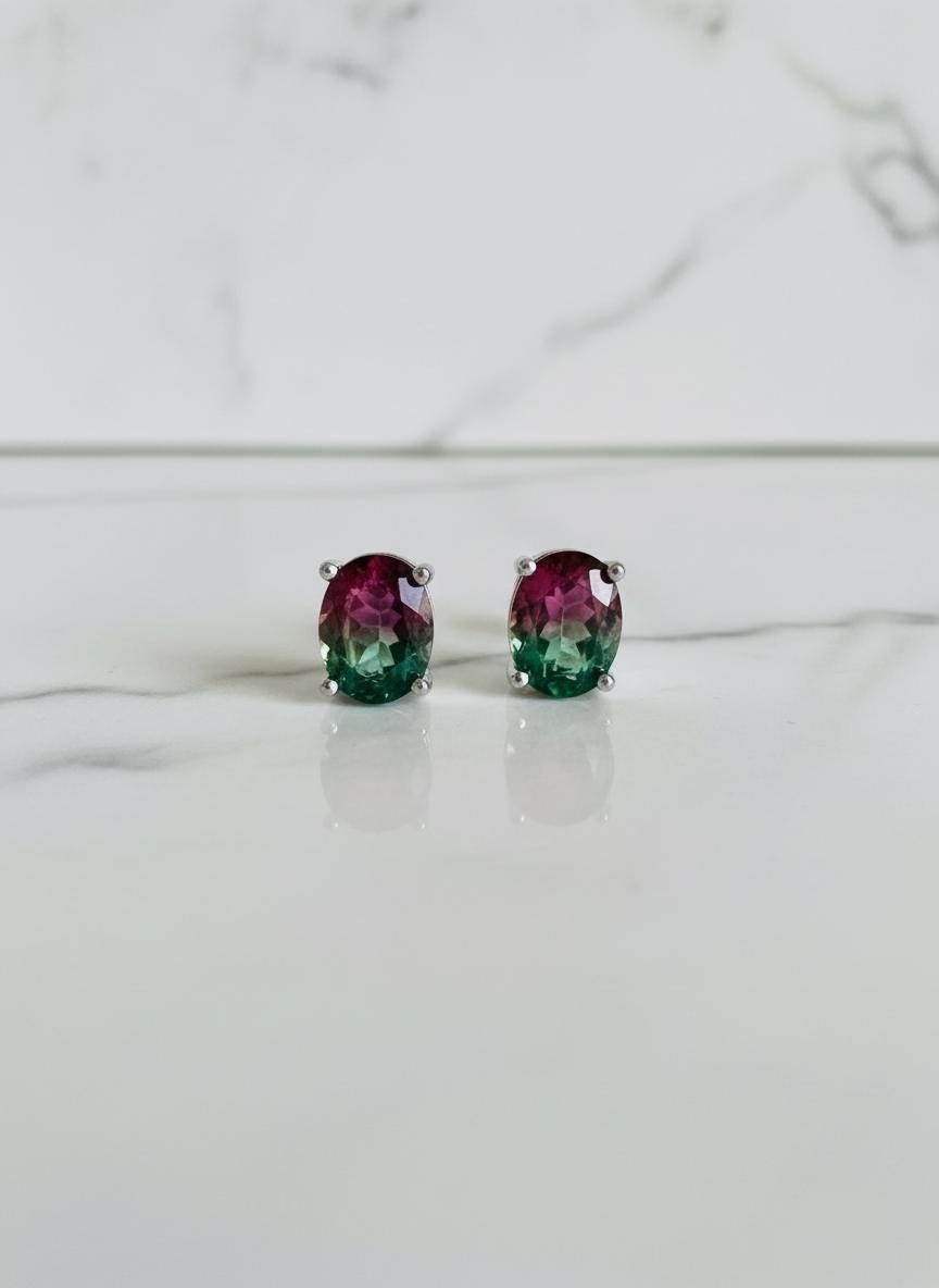 Watermelon Tourmaline Stud Earrings • 9×7mm Oval • Pink-Green Gemstone Studs