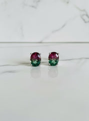 Watermelon Tourmaline Stud Earrings • 9×7mm Oval • Pink-Green Gemstone Studs
