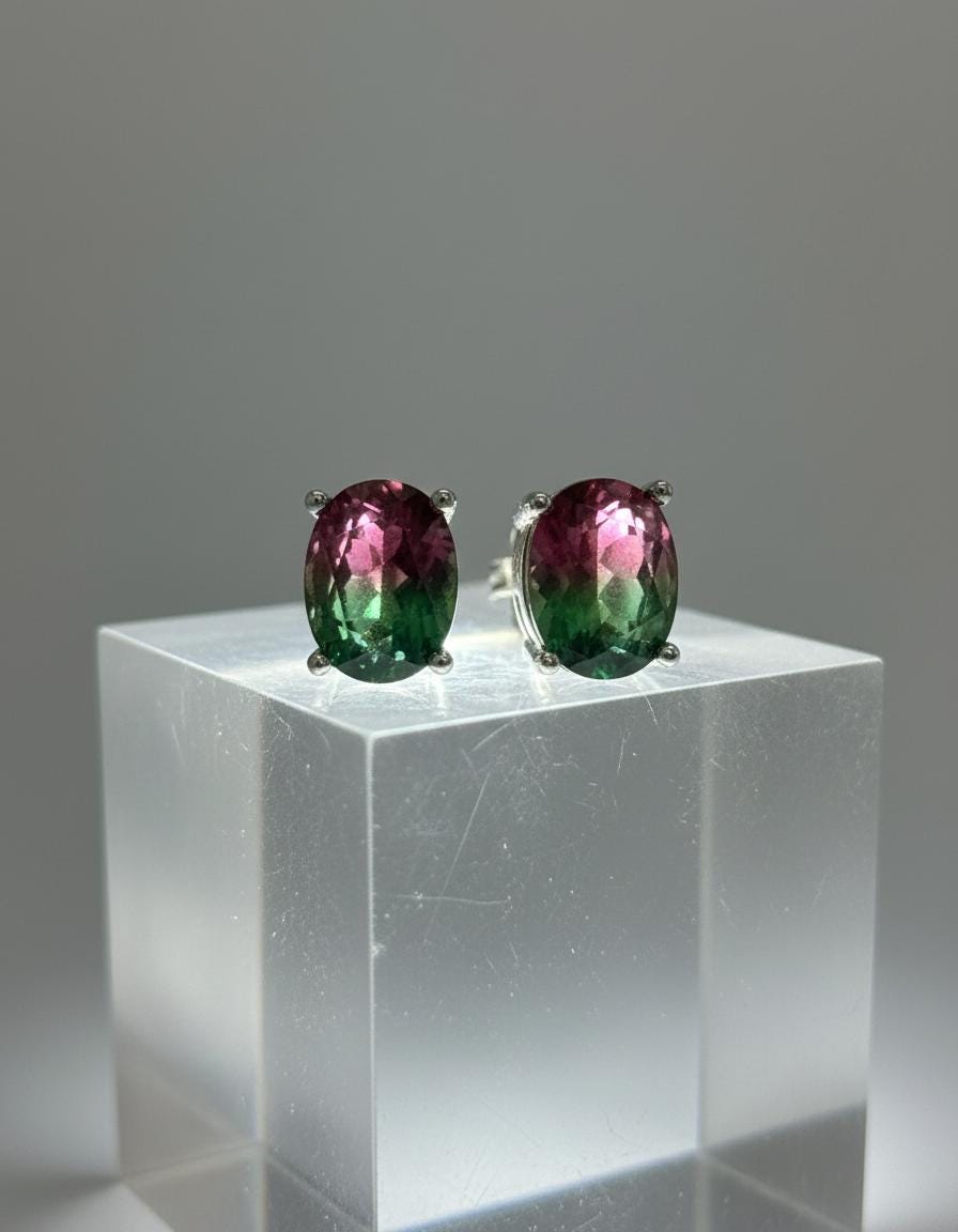 Watermelon Tourmaline Stud Earrings • 9×7mm Oval • Pink-Green Gemstone Studs