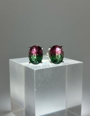 Watermelon Tourmaline Stud Earrings • 9×7mm Oval • Pink-Green Gemstone Studs