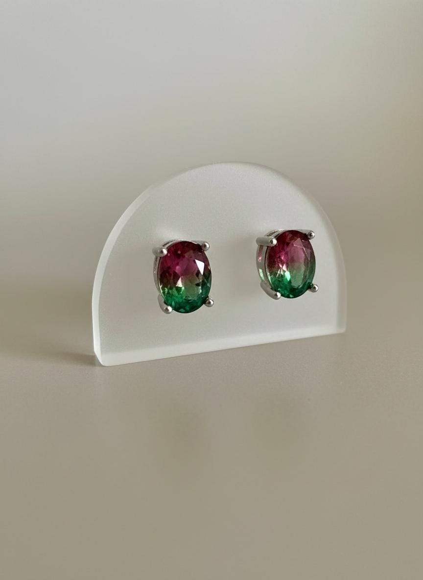 Watermelon Tourmaline Stud Earrings • 9×7mm Oval • Pink-Green Gemstone Studs
