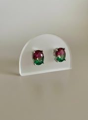 Watermelon Tourmaline Stud Earrings • 9×7mm Oval • Pink-Green Gemstone Studs