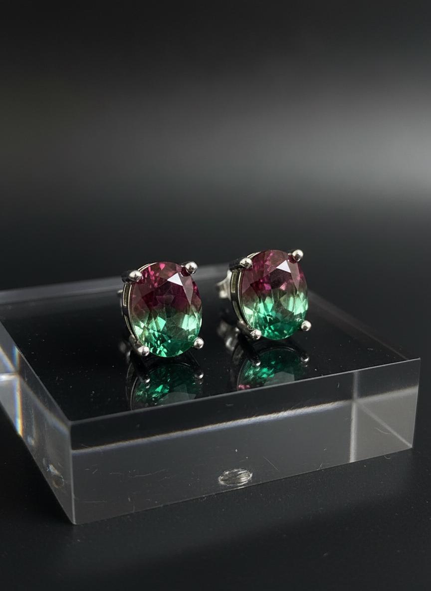Watermelon Tourmaline Stud Earrings • 9×7mm Oval • Pink-Green Gemstone Studs