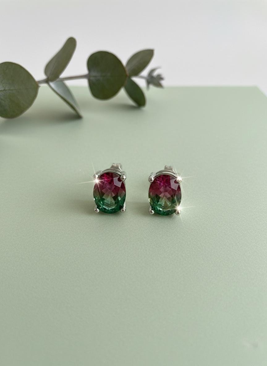 Watermelon Tourmaline Stud Earrings • 9×7mm Oval • Pink-Green Gemstone Studs