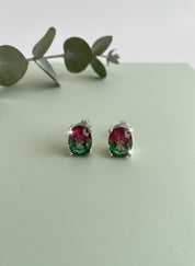 Watermelon Tourmaline Stud Earrings • 9×7mm Oval • Pink-Green Gemstone Studs