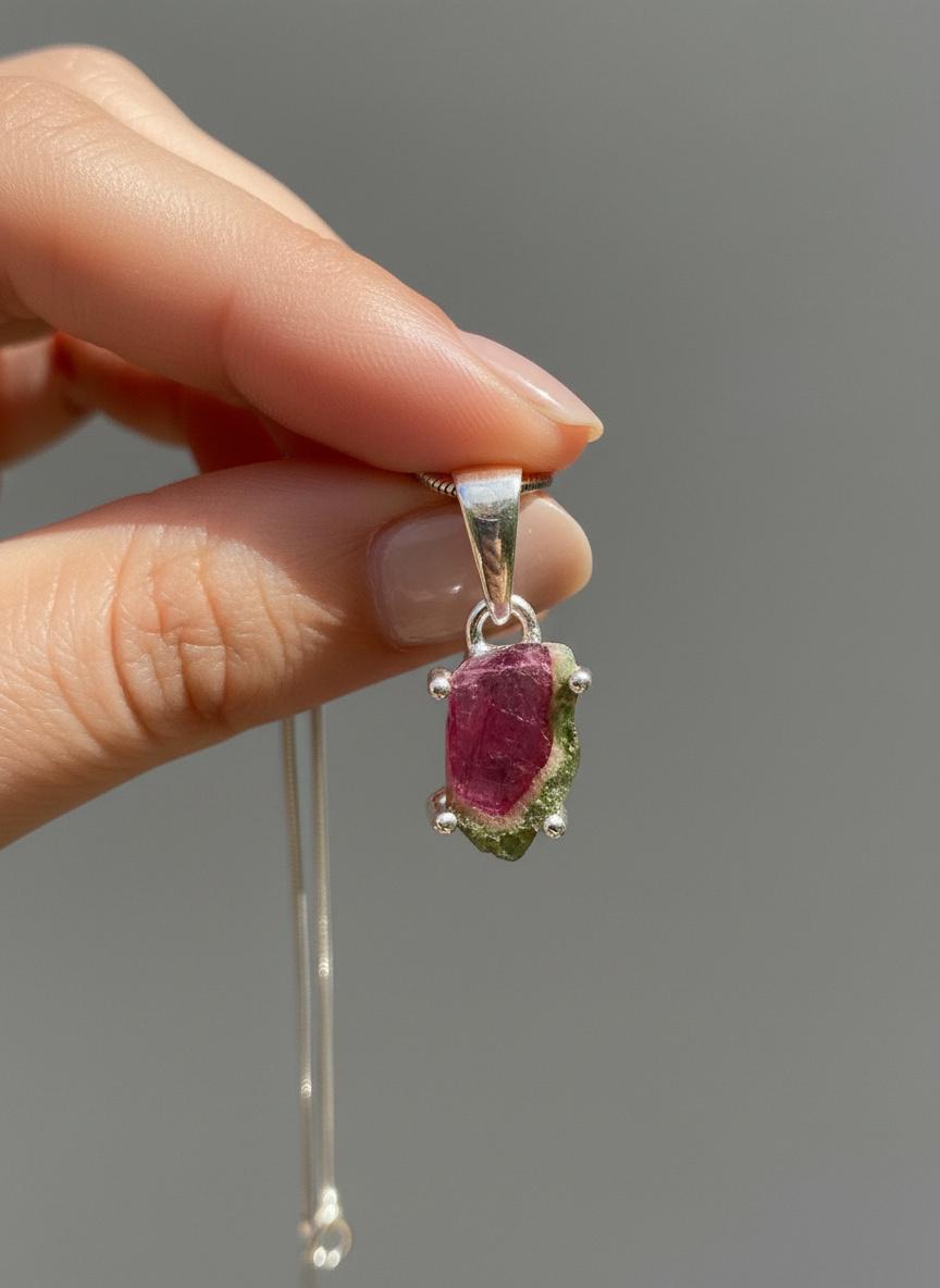 Watermelon Tourmaline Pendant • Natural Pink-Green Slice • 925 Silver • Small Raw Gem Necklace • 21 mm