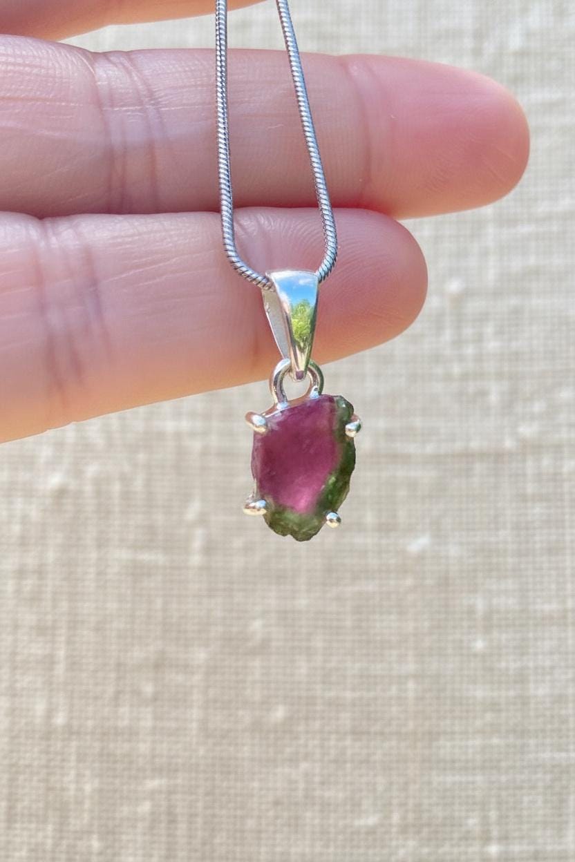 Watermelon Tourmaline Pendant • Natural Pink-Green Slice • 925 Silver • Small Raw Gem Necklace • 21 mm