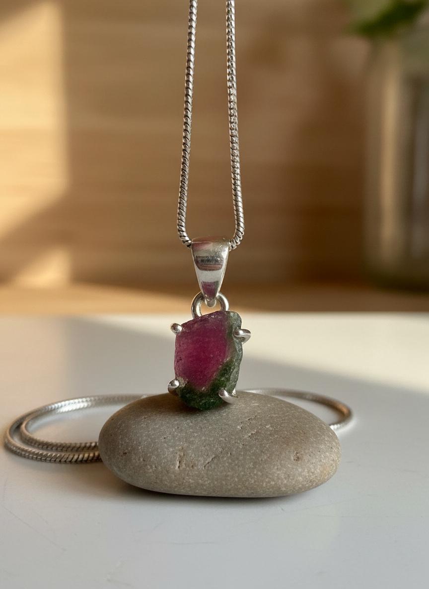 Watermelon Tourmaline Pendant • Natural Pink-Green Slice • 925 Silver • Small Raw Gem Necklace • 21 mm