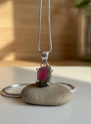 Watermelon Tourmaline Pendant • Natural Pink-Green Slice • 925 Silver • Small Raw Gem Necklace • 21 mm