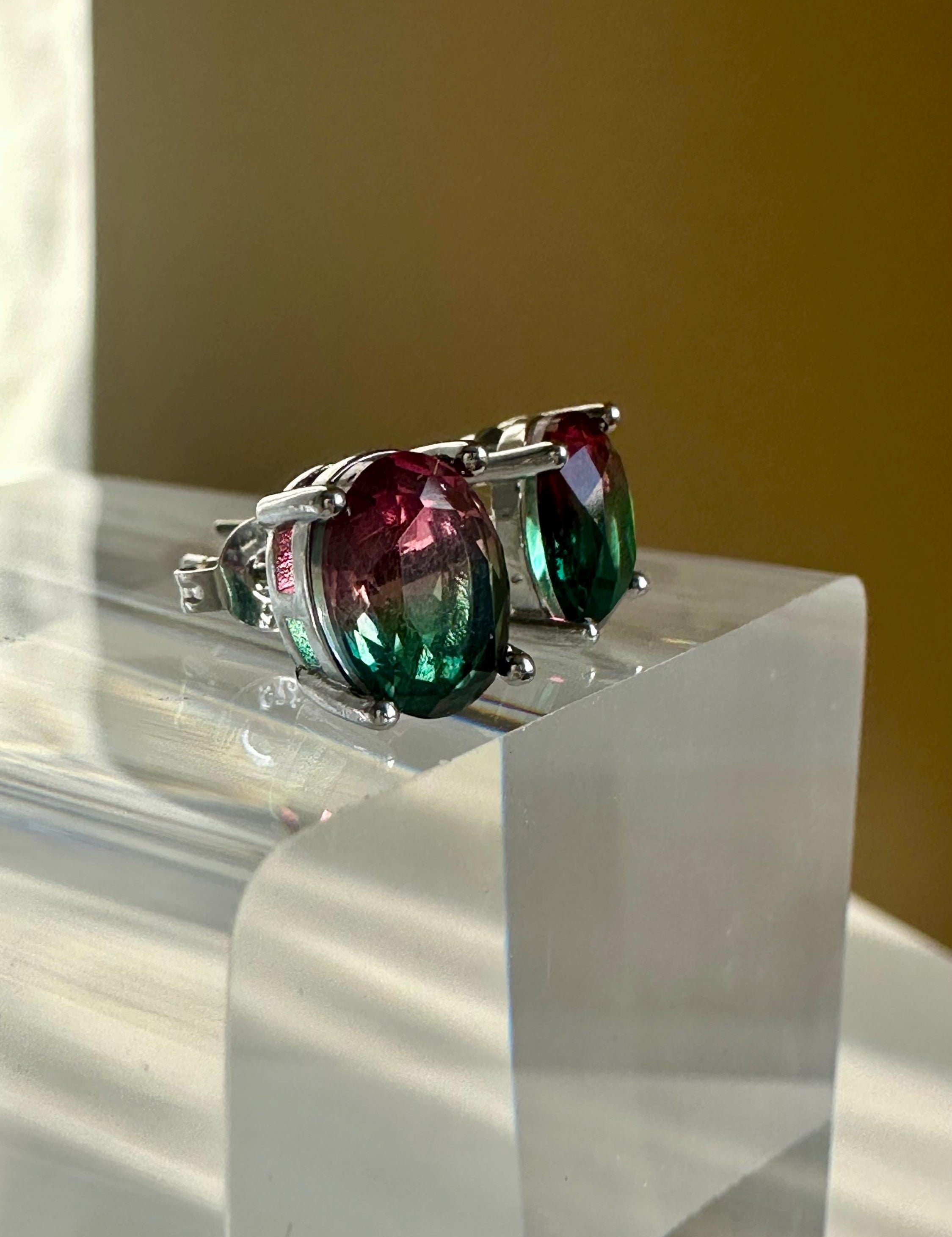 Watermelon Tourmaline Stud Earrings • 9×7mm Oval • Pink-Green Gemstone Studs