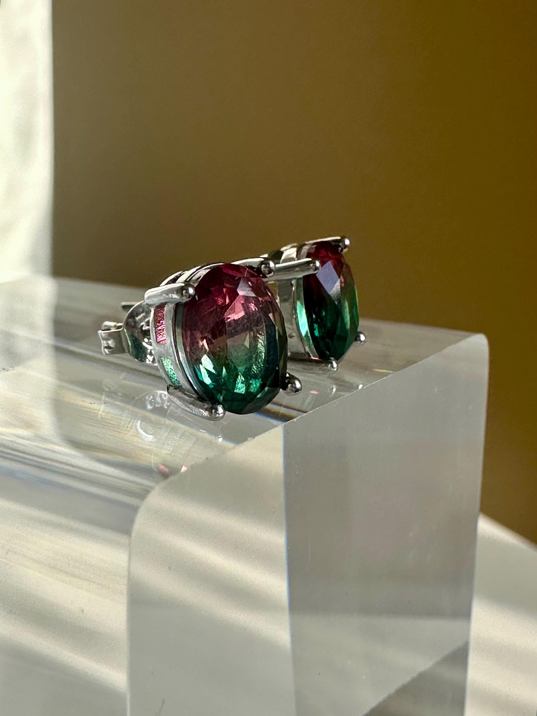 Watermelon Tourmaline Stud Earrings • 9×7mm Oval • Pink-Green Gemstone Studs
