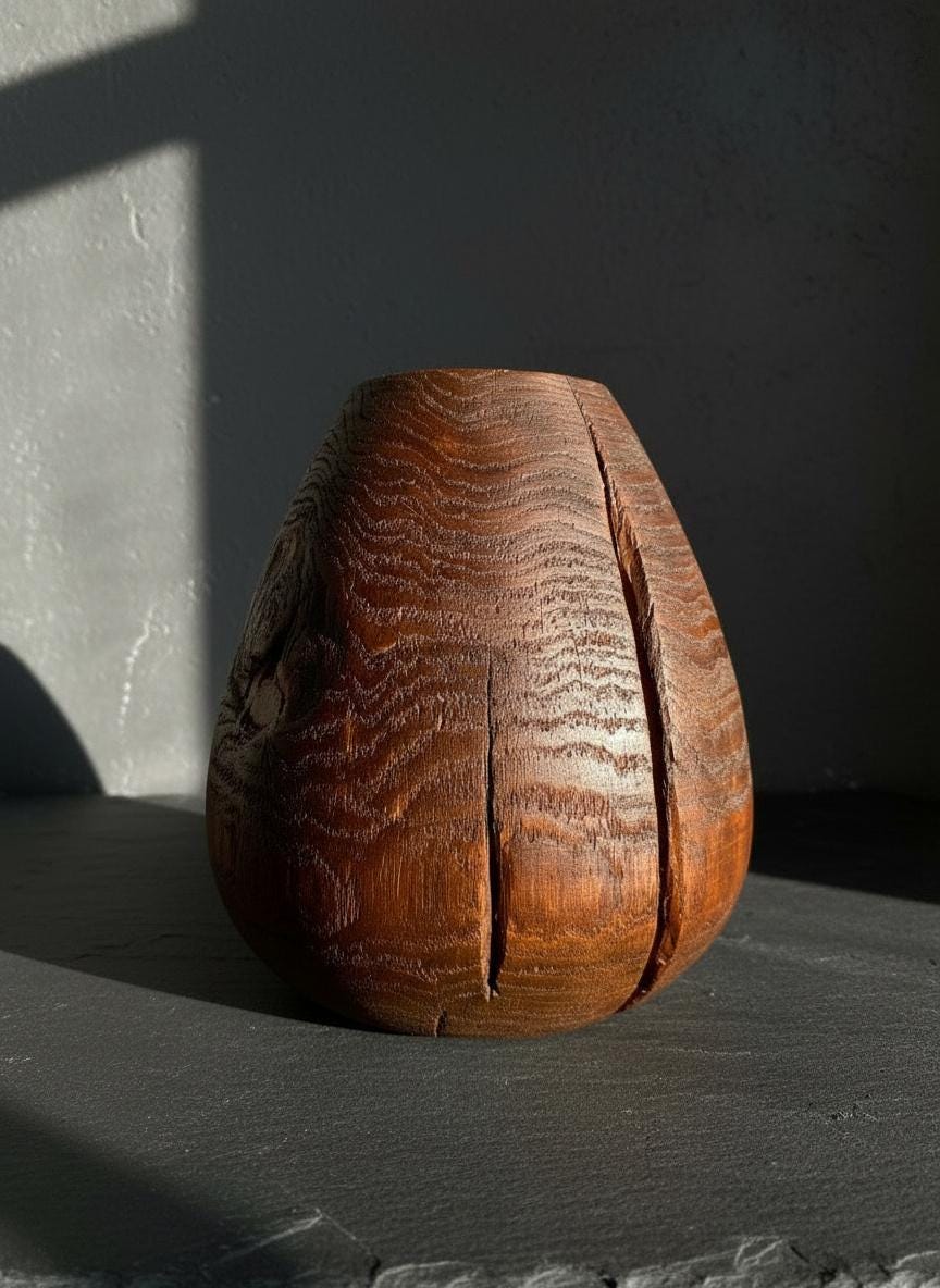 Hand Turned Oak Wood Vase – Wabi-Sabi Sculpture