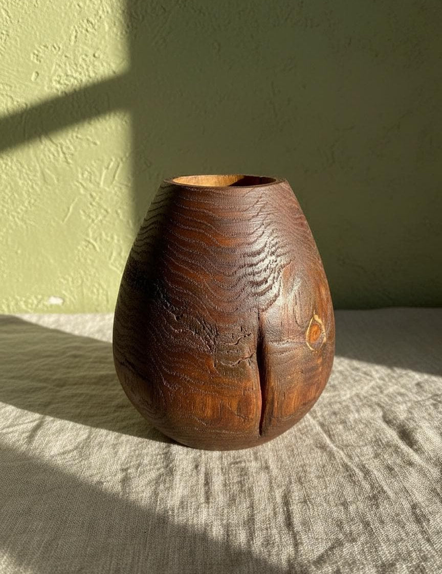 Hand Turned Oak Wood Vase – Wabi-Sabi Sculpture