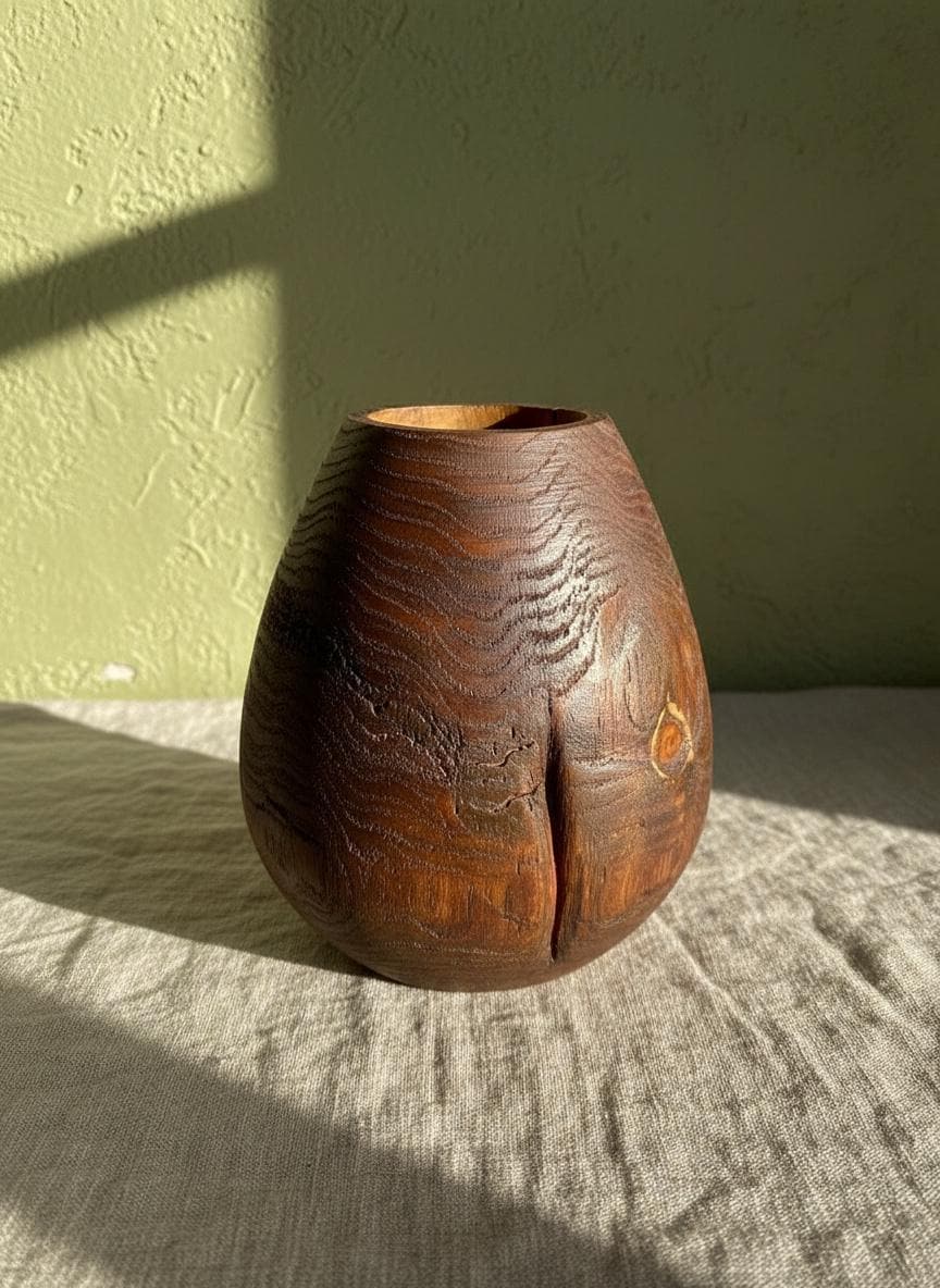 Hand Turned Oak Wood Vase – Wabi-Sabi Sculpture