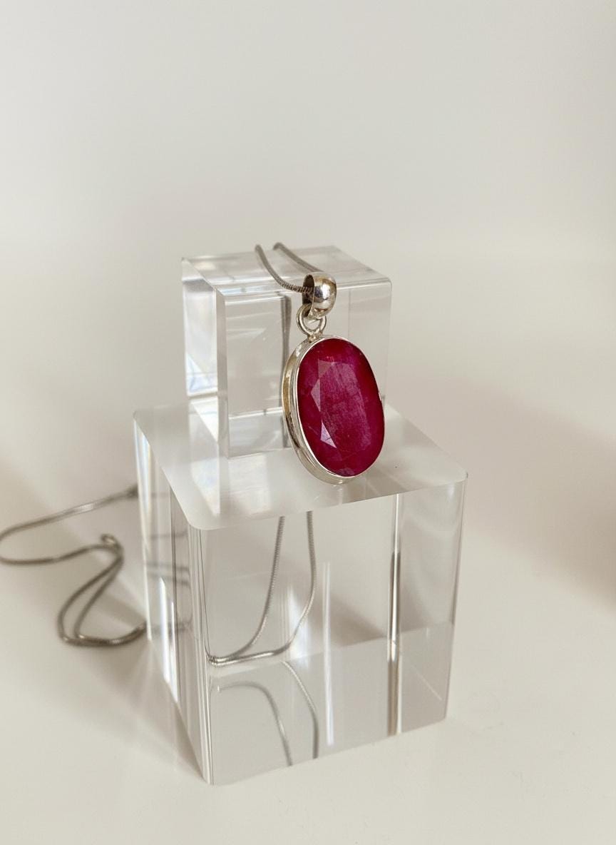 Raw Ruby 925 Sterling Silver Oval Pendant