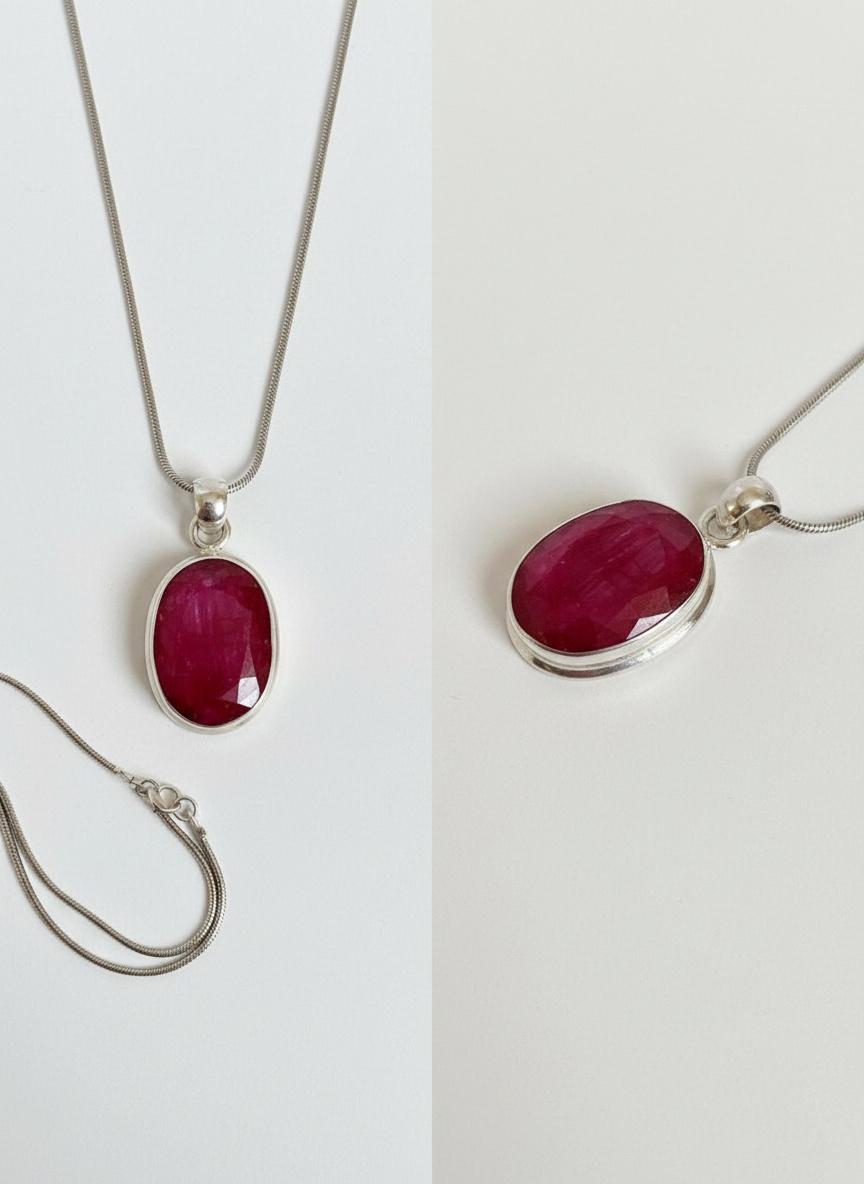 Raw Ruby 925 Sterling Silver Oval Pendant