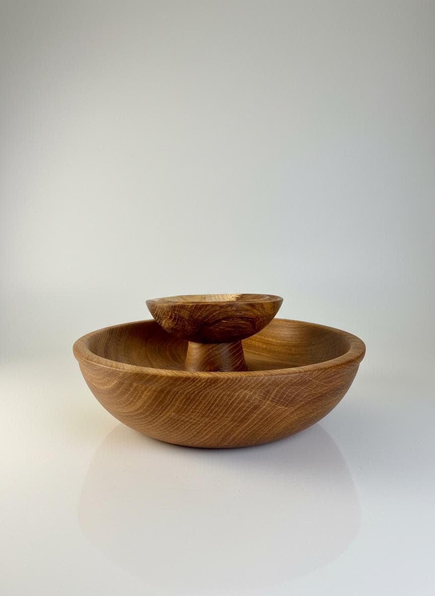 Large Solid Oak Pedestal Bowl Handmade Wooden Decorative Centrepiece