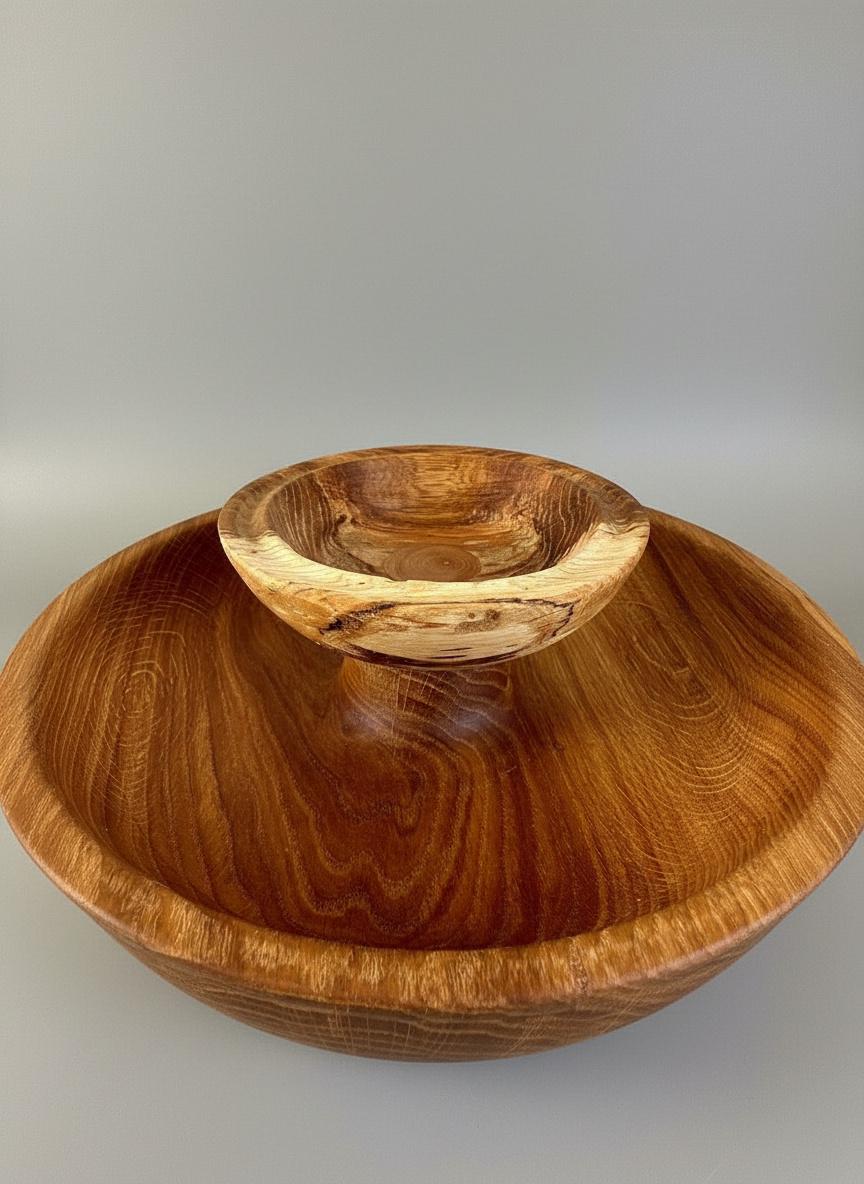 Large Solid Oak Pedestal Bowl Handmade Wooden Decorative Centrepiece