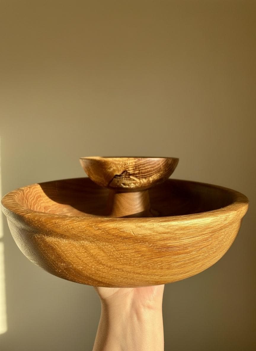 Large Solid Oak Pedestal Bowl Handmade Wooden Decorative Centrepiece