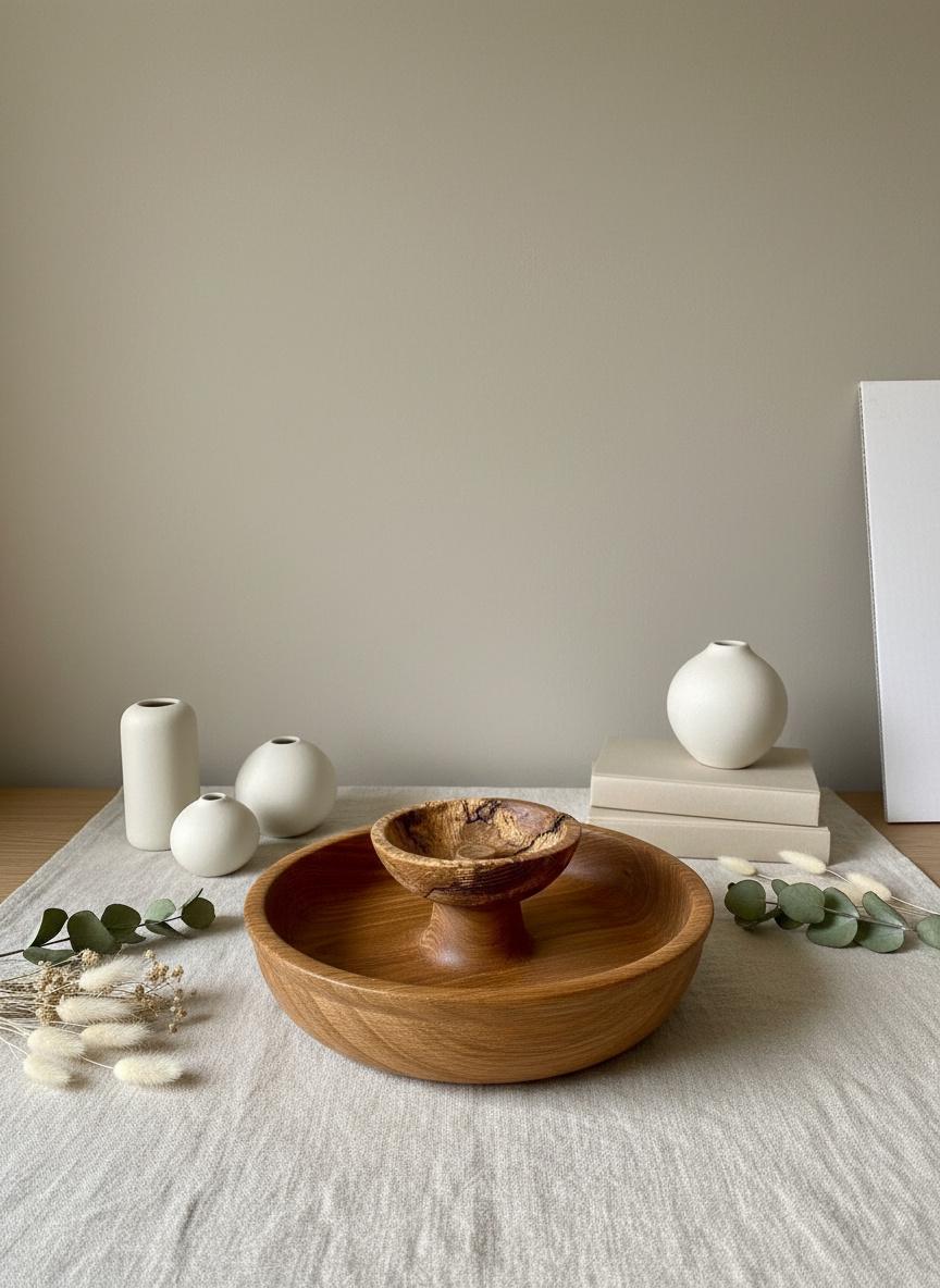 Large Solid Oak Pedestal Bowl Handmade Wooden Decorative Centrepiece