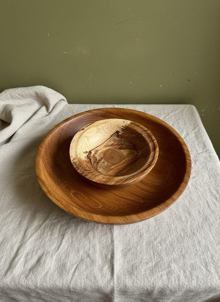 Large Solid Oak Pedestal Bowl Handmade Wooden Decorative Centrepiece