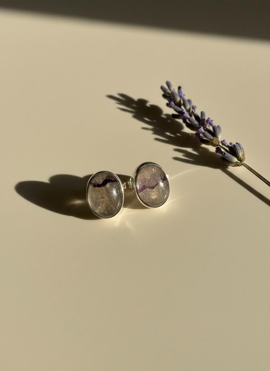 Blue John Stud Earrings: 10 mm Oval Cut, Sterling Silver, Handmade Derbyshire gift