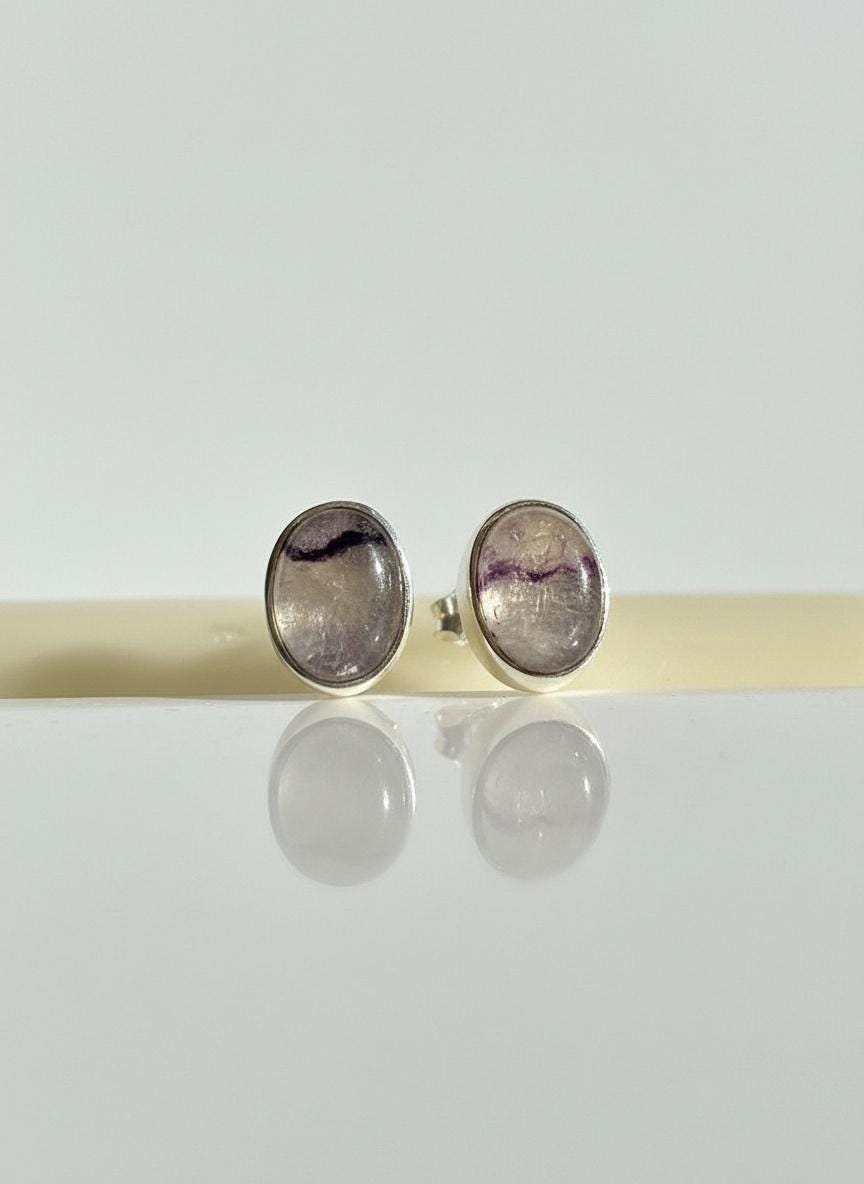 Blue John Stud Earrings: 10 mm Oval Cut, Sterling Silver, Handmade Derbyshire gift