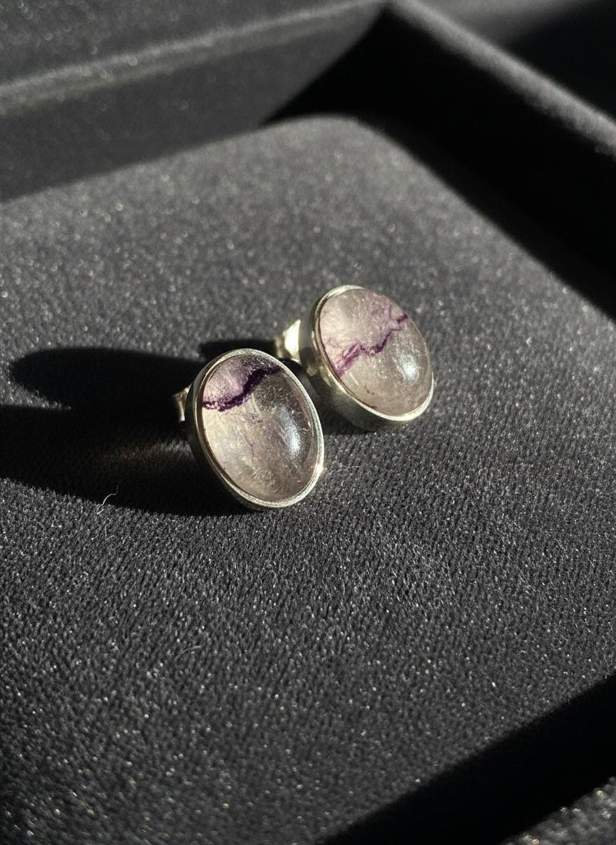 Blue John Stud Earrings: 10 mm Oval Cut, Sterling Silver, Handmade Derbyshire gift