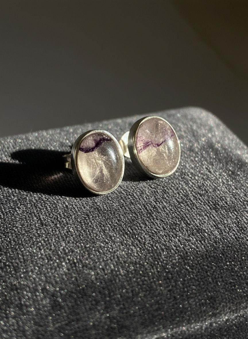 Blue John Stud Earrings: 10 mm Oval Cut, Sterling Silver, Handmade Derbyshire gift