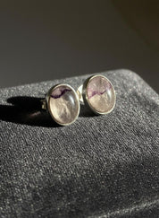 Blue John Stud Earrings: 10 mm Oval Cut, Sterling Silver, Handmade Derbyshire gift