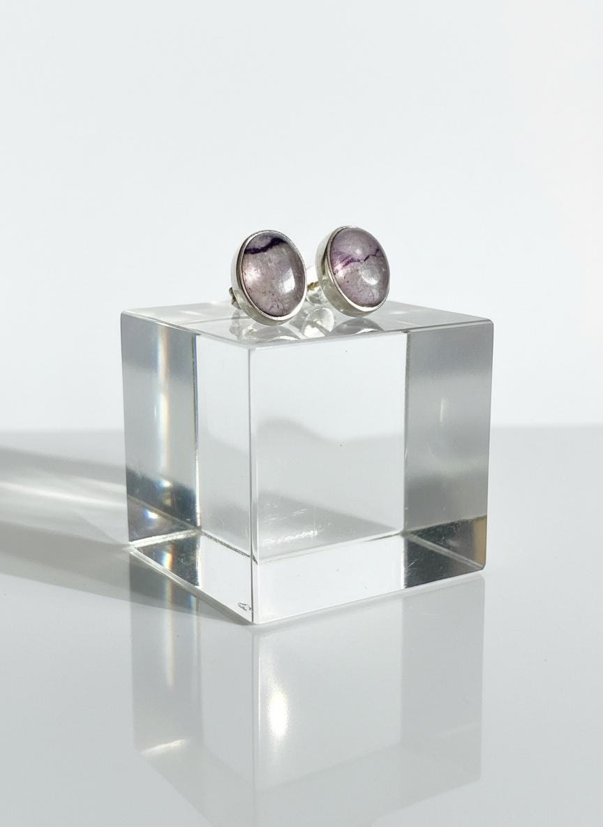 Blue John Stud Earrings: 10 mm Oval Cut, Sterling Silver, Handmade Derbyshire gift