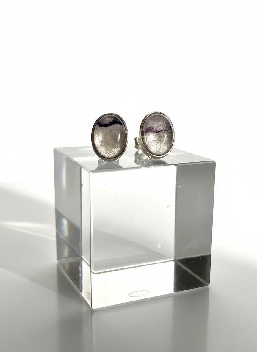 Blue John Stud Earrings: 10 mm Oval Cut, Sterling Silver, Handmade Derbyshire gift