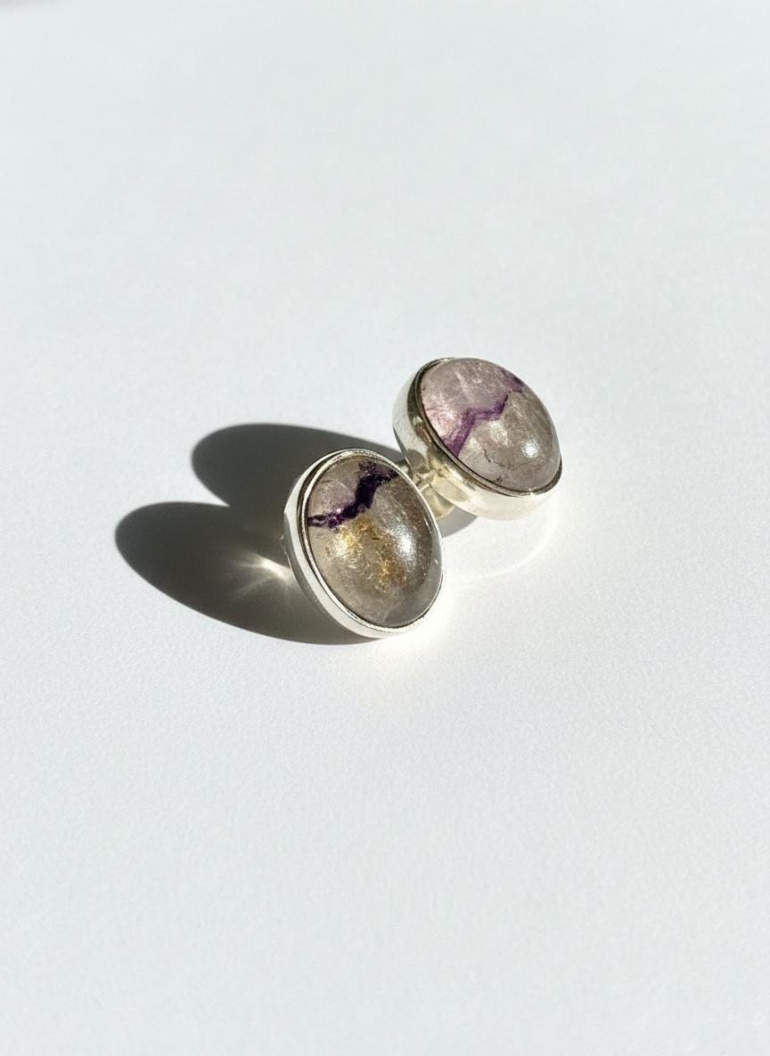 Blue John Stud Earrings: 10 mm Oval Cut, Sterling Silver, Handmade Derbyshire gift