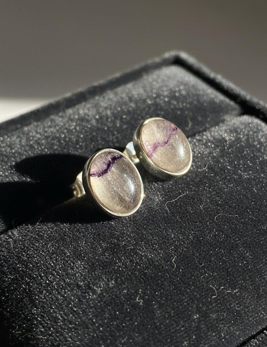 Blue John Stud Earrings: 10 mm Oval Cut, Sterling Silver, Handmade Derbyshire gift