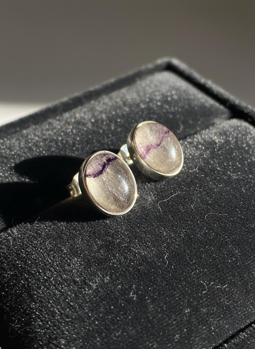 Blue John Stud Earrings: 10 mm Oval Cut, Sterling Silver, Handmade Derbyshire gift