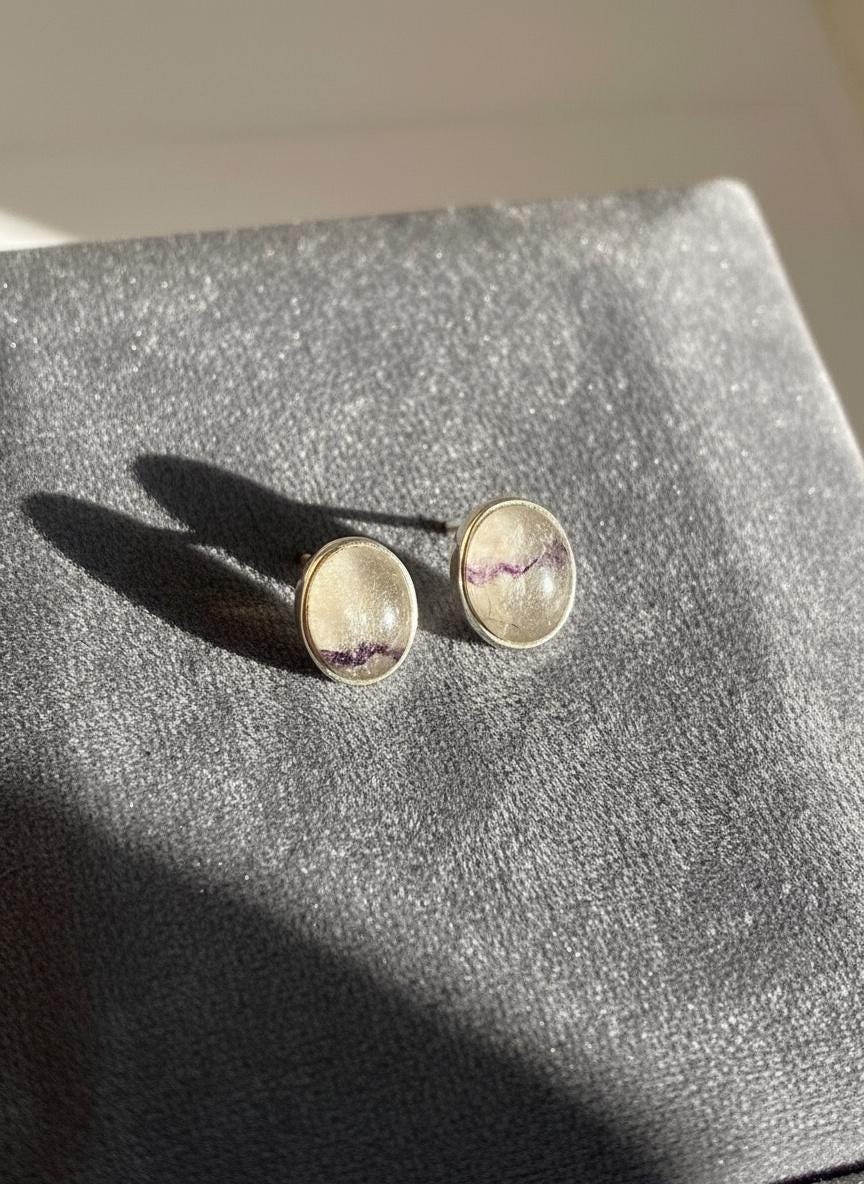 Blue John Stud Earrings: 10 mm Oval Cut, Sterling Silver, Handmade Derbyshire gift