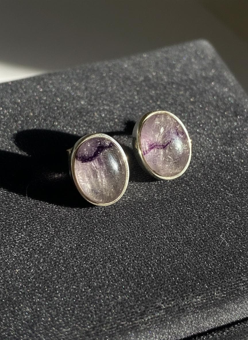 Blue John Stud Earrings: 10 mm Oval Cut, Sterling Silver, Handmade Derbyshire gift