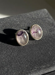 Blue John Stud Earrings: 10 mm Oval Cut, Sterling Silver, Handmade Derbyshire gift