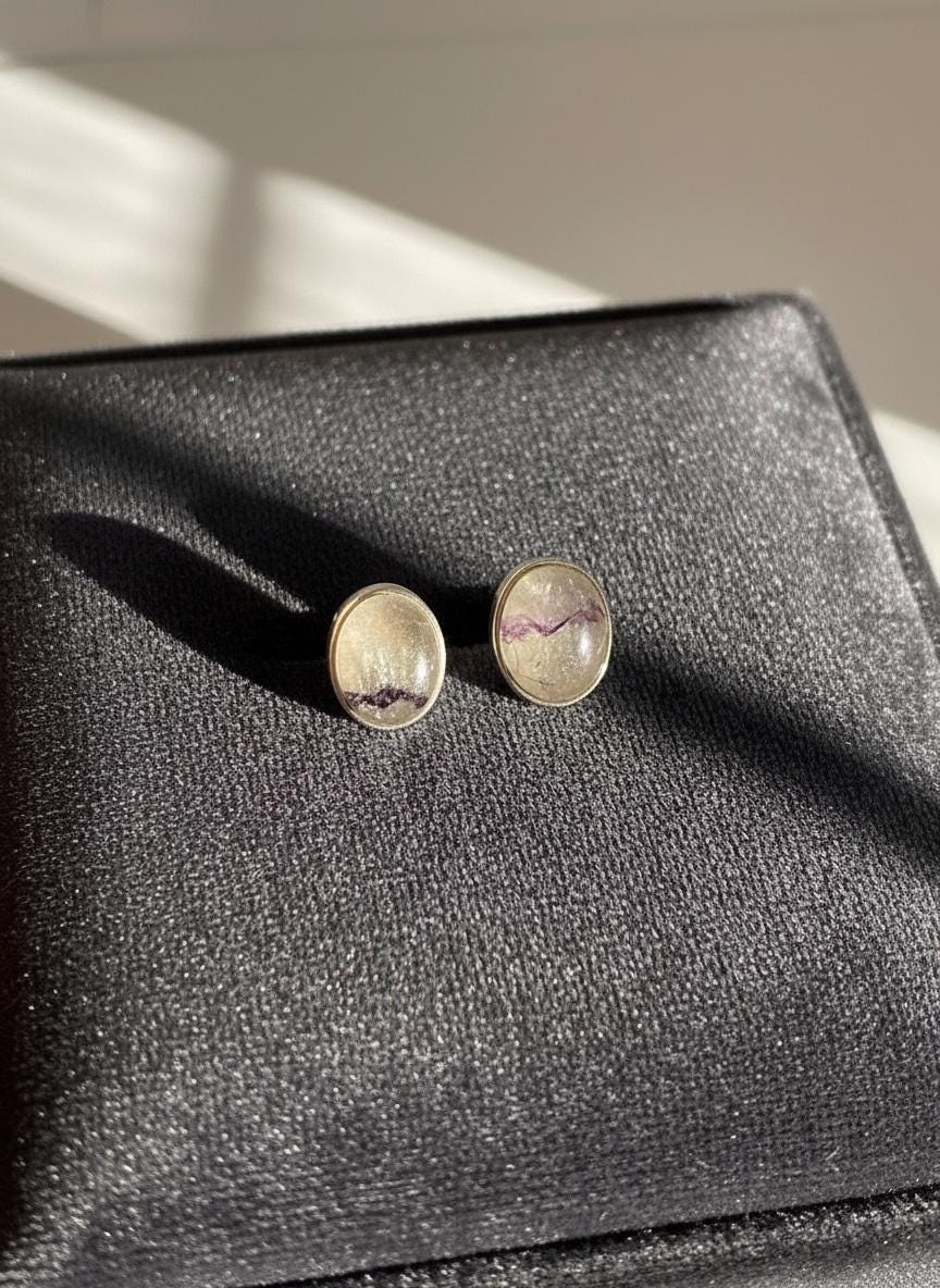 Blue John Stud Earrings: 10 mm Oval Cut, Sterling Silver, Handmade Derbyshire gift