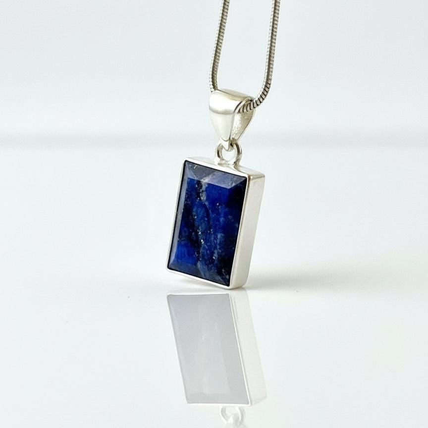 Blue Sapphire Rectangle Pendant in 925 Sterling Silver
