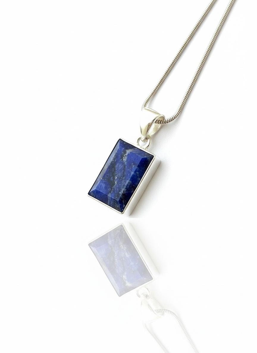 Blue Sapphire Rectangle Pendant in 925 Sterling Silver