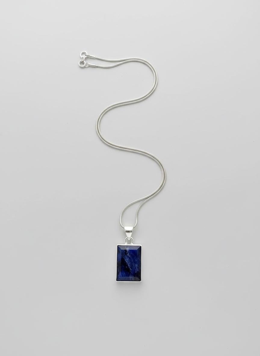 Blue Sapphire Rectangle Pendant in 925 Sterling Silver