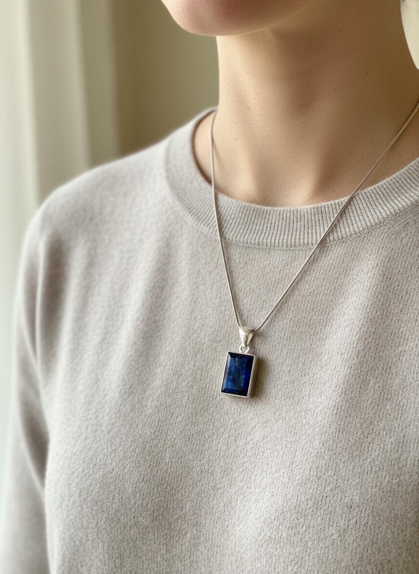 Blue Sapphire Rectangle Pendant in 925 Sterling Silver