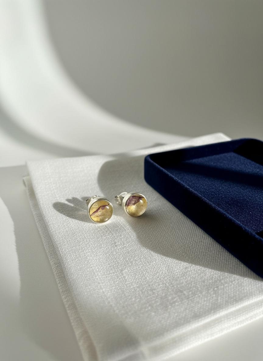 Blue John Round Stud Earrings 8mm in 925 Sterling Silver
