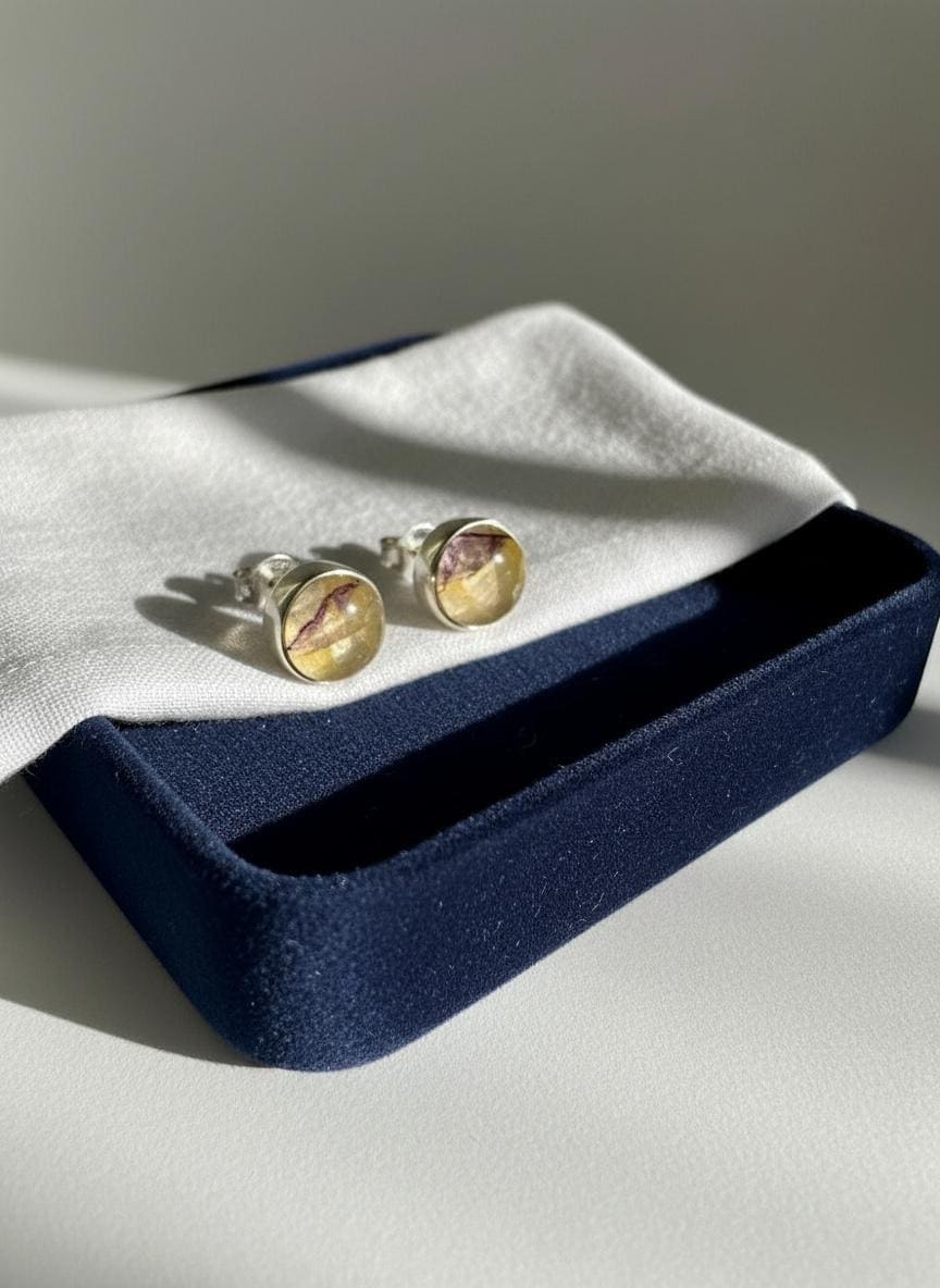 Blue John Round Stud Earrings 8mm in 925 Sterling Silver