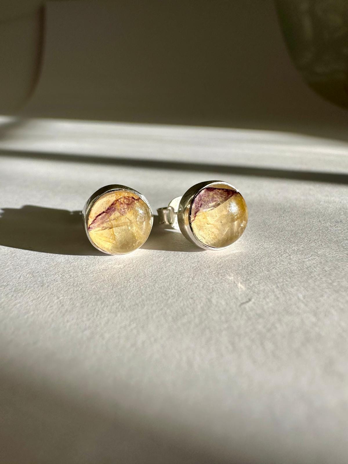 Blue John Round Stud Earrings 8mm in 925 Sterling Silver